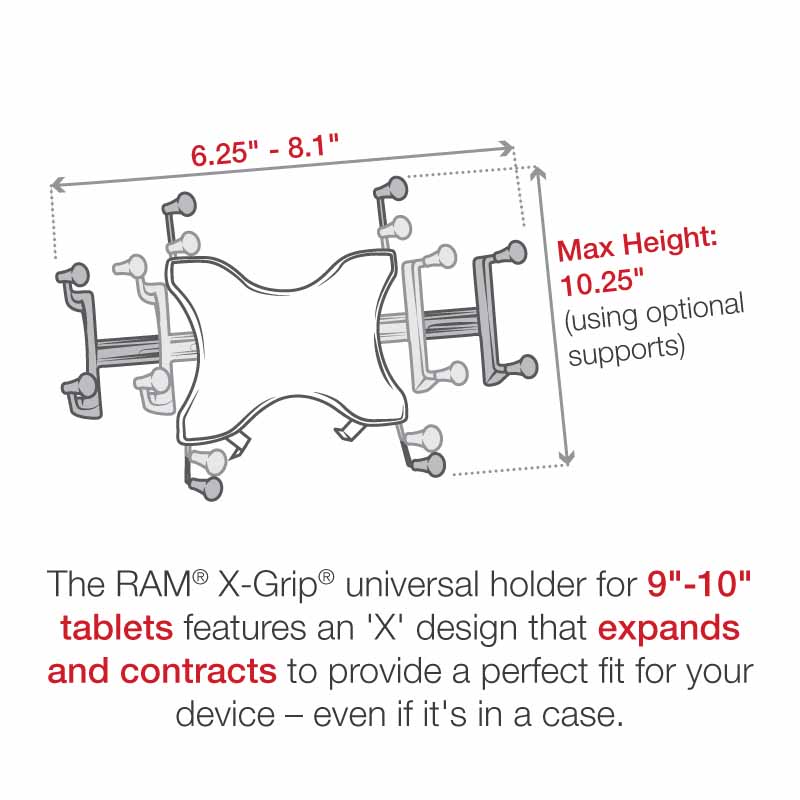 RAM Mount X-grip universal holder for 9-10 inch tablets set with pod vehicle mount